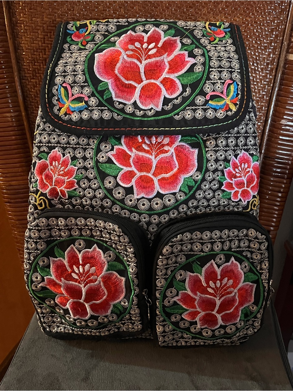 Embroidered Floral Black Backpack - Pink Lotus Flower Accent